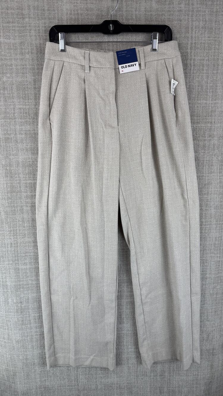 Old Navy Jeans Womens M Beige Straight Relaxed High Rise Pleated Herringbone